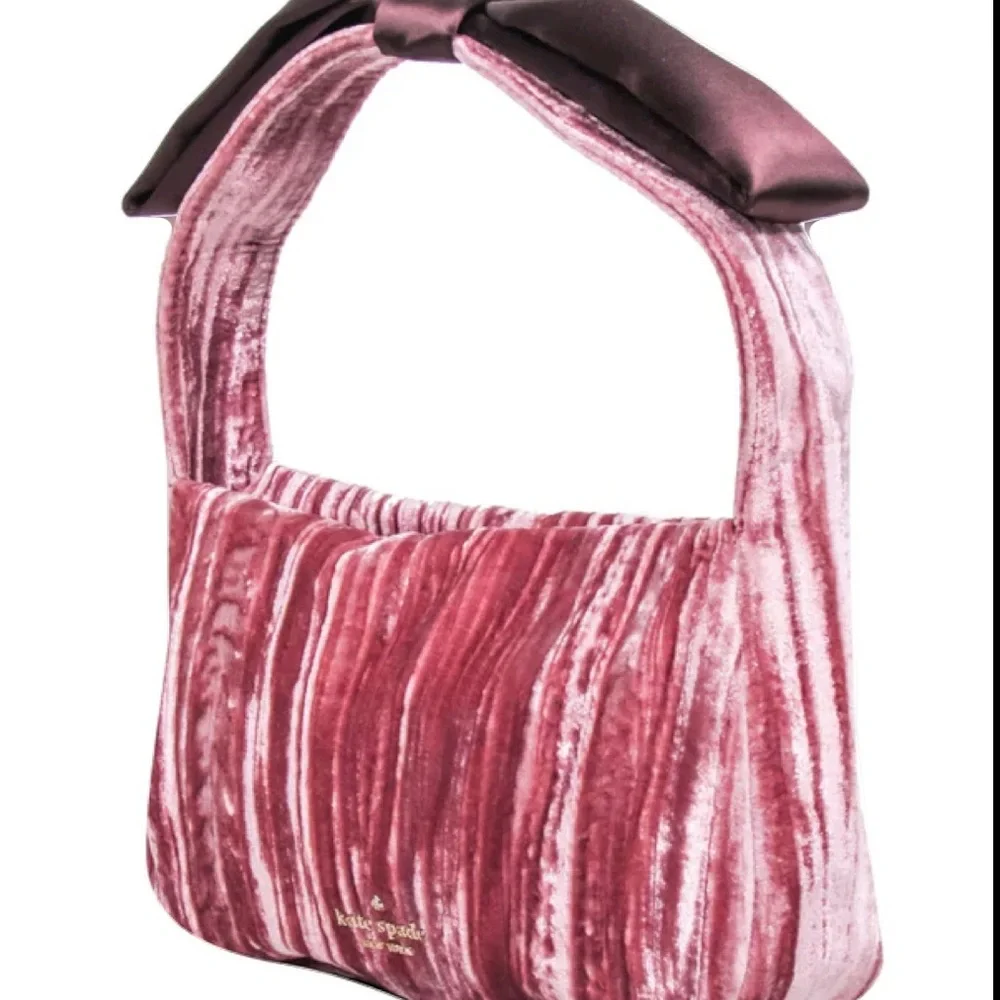 Kate Spade Crushed Velvet‎ Baguette Pomegranate Pink Bow Handbag MSRP $329